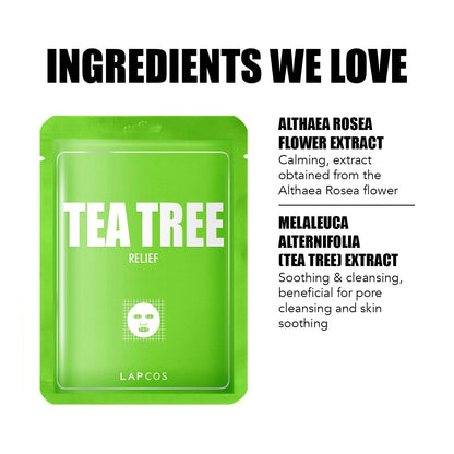 LAPCOS Tea Tree Sheet Mask | Daily Soothing Face Mask (5-Pack)