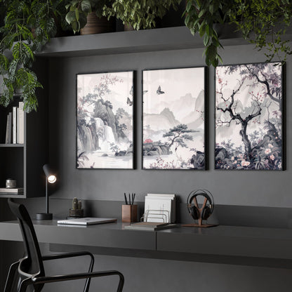 Large Contemporary Wall Art | Set of 3 Chinoiserie Wall art Prints