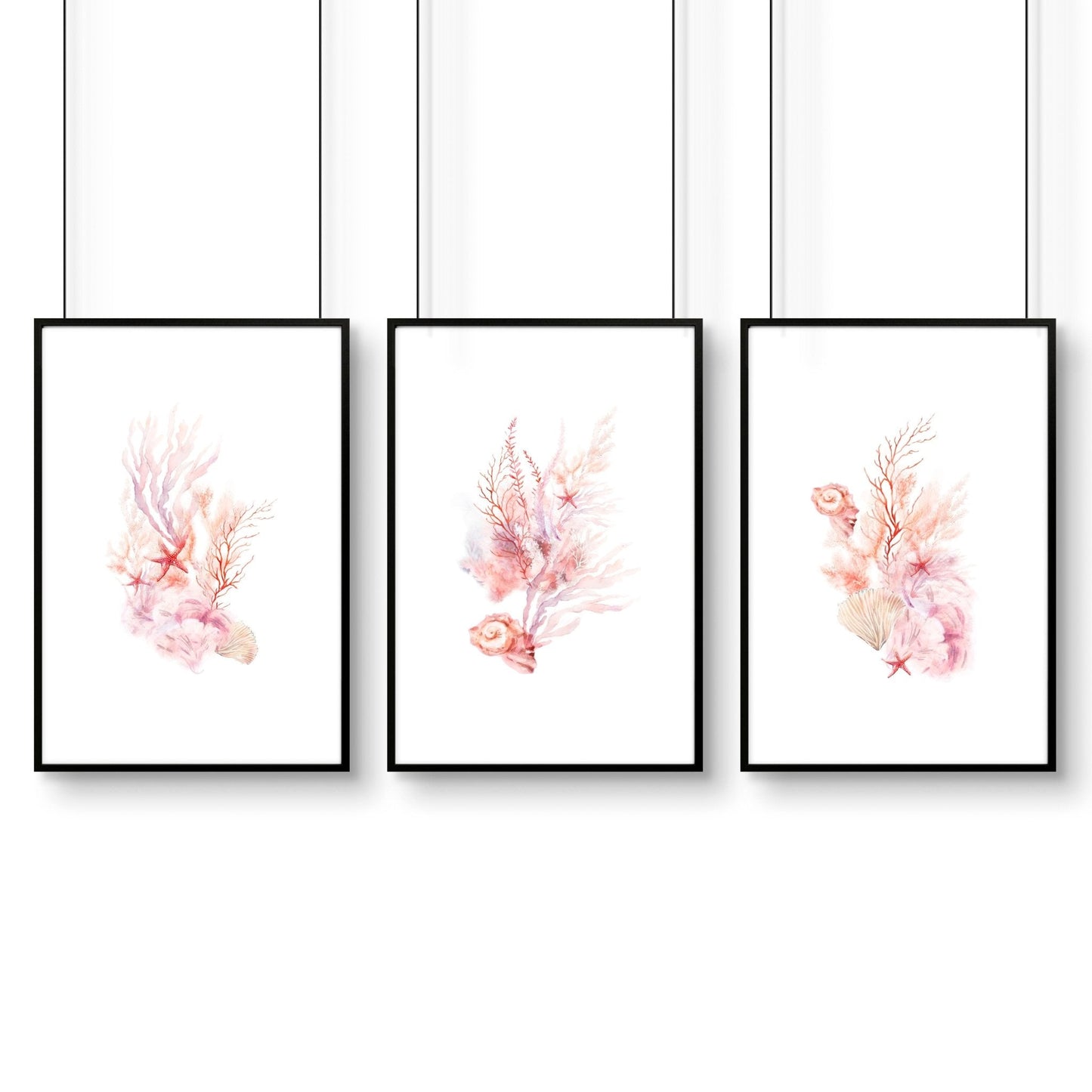 Large Paintings For Wall | Set of 3 Seashells Wall art Prints