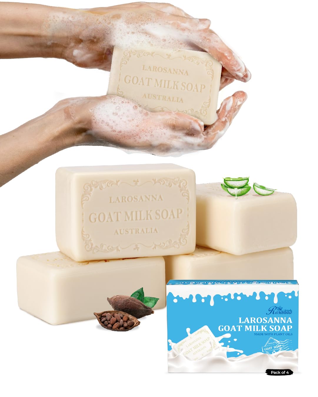 larosanna Australian Goat Milk Soap – Moisturizing, Cleansing, Triple-Milled Bar with Cocoa Butter & Aloe Vera | 4-Pack