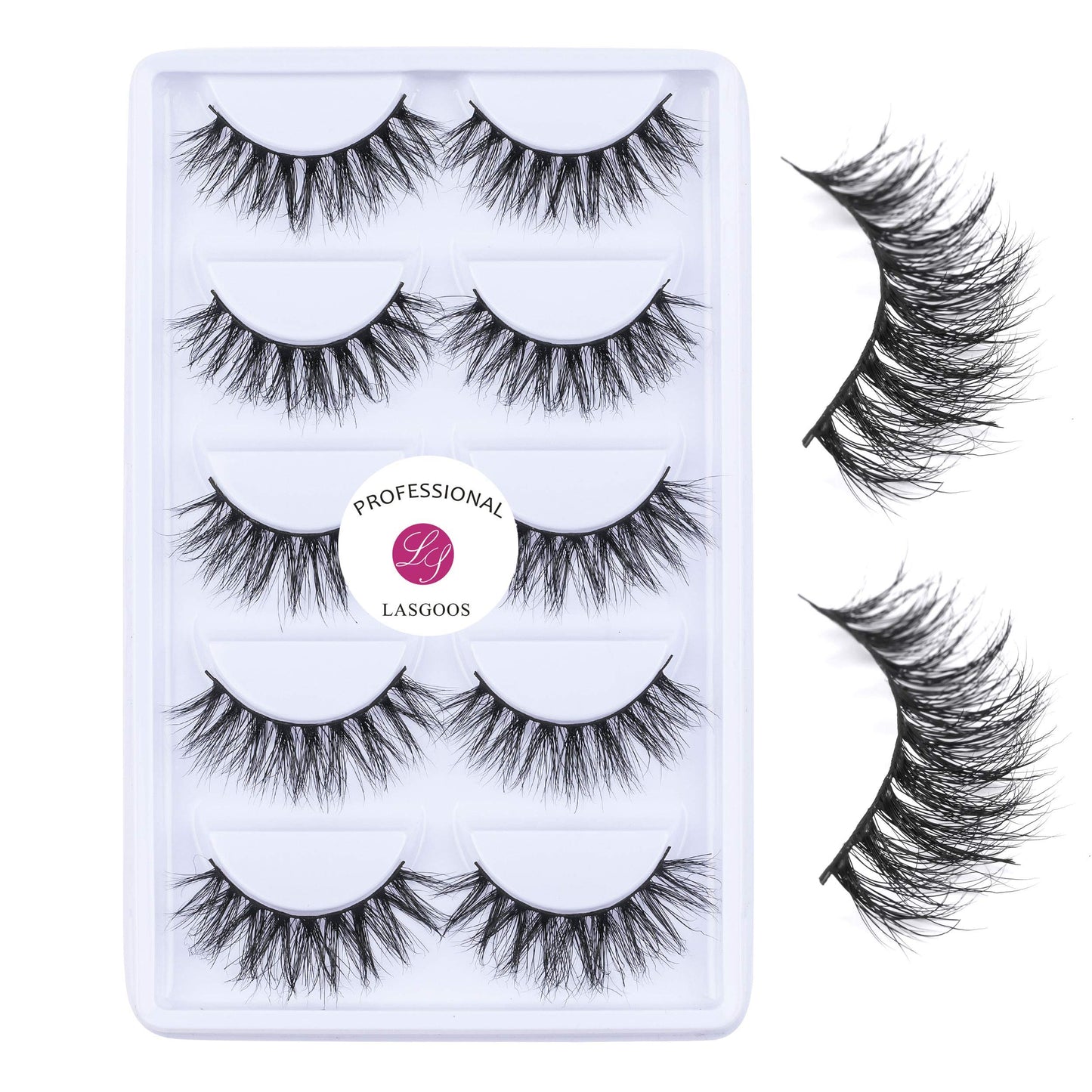 LASGOOS 3D Mink Lashes A14 – 100% Siberian Mink, Cruelty-Free, Reusable, 5 Pairs