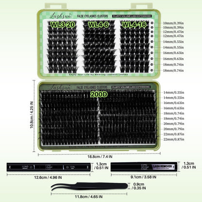 LASHSUN WL+200D Lash Clusters Kit – DIY Lash Extensions with Bond & Seal, Remover & Tweezers