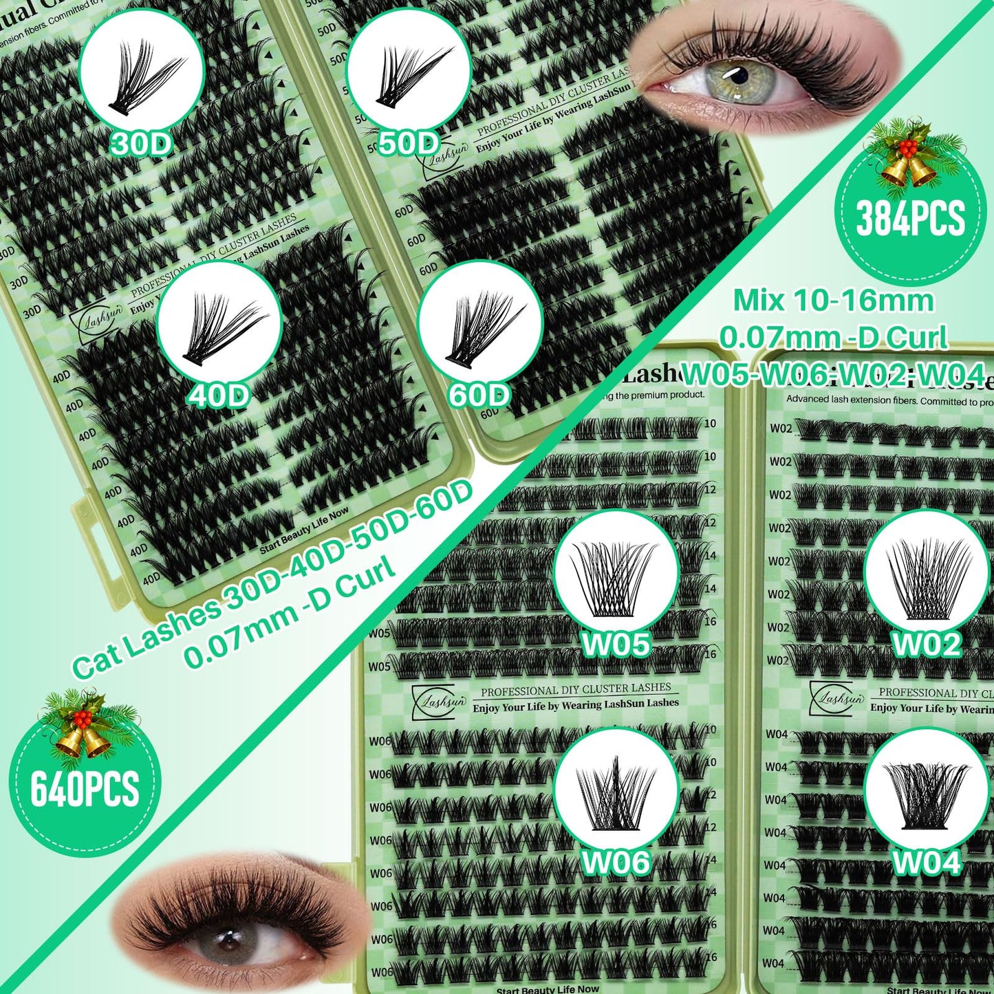 LASHSUN Lash Clusters Kit – Wispy Cat Eye Lashes with Bond, Seal, Remover & Tweezers