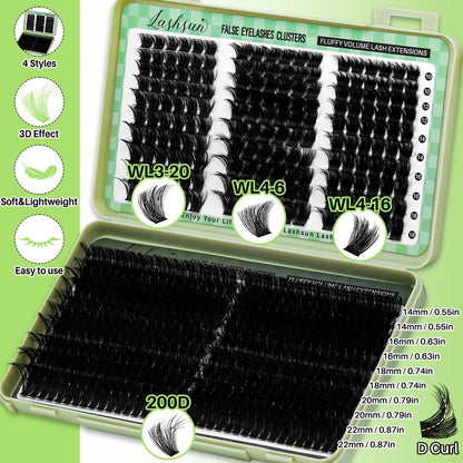 LASHSUN WL+200D Lash Clusters Kit – DIY Lash Extensions with Bond & Seal, Remover & Tweezers
