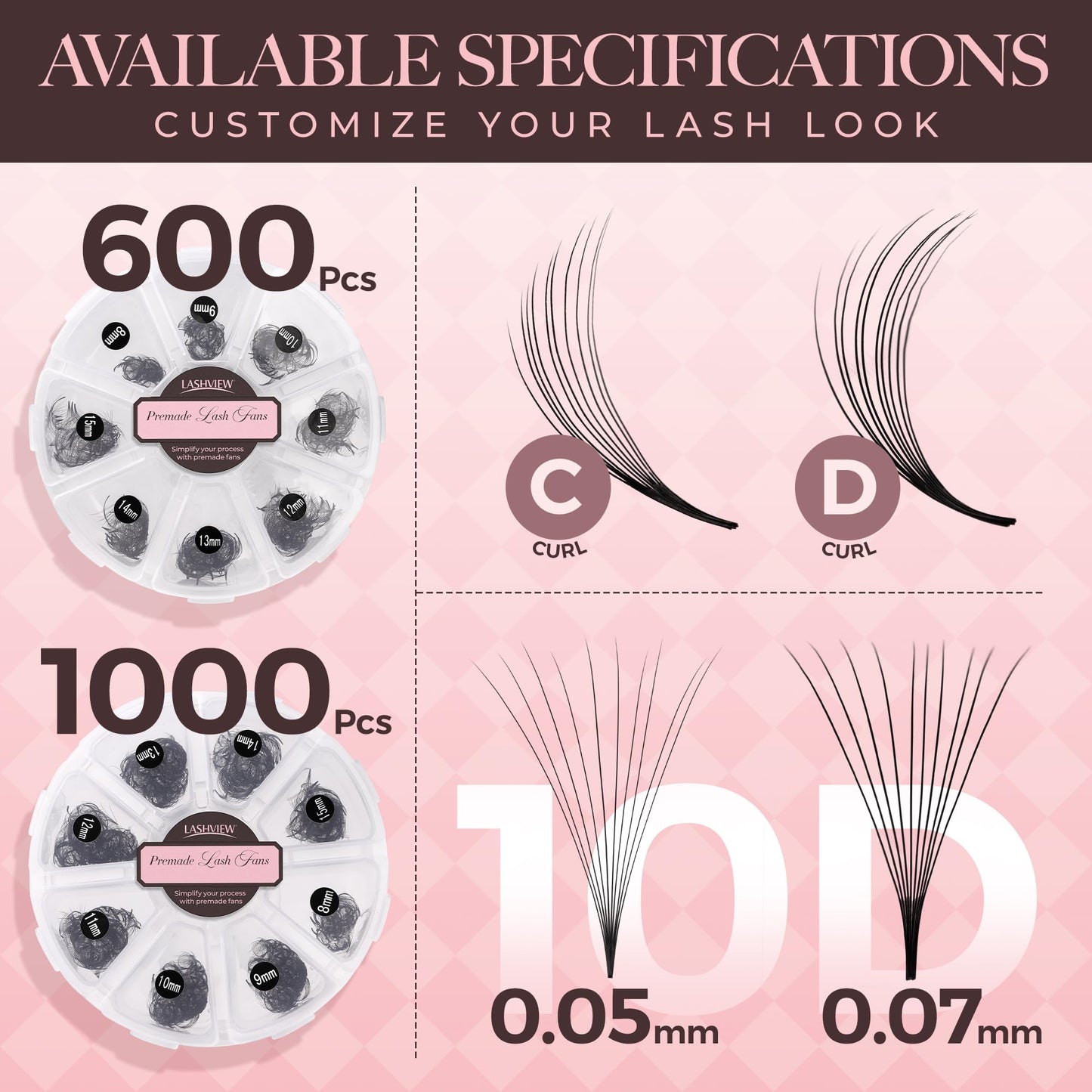 LASHVIEW 1000 Fans 10D Premade Volume Eyelash Extensions – D Curl, Thin Base