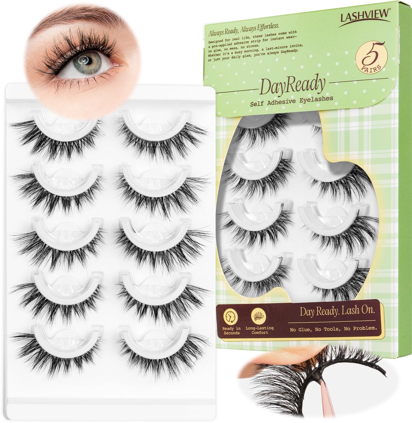 LASHVIEW Self Adhesive Eyelashes – Natural Look Press On Lashes, No Glue Needed, Reusable 5 Pairs (CV201)