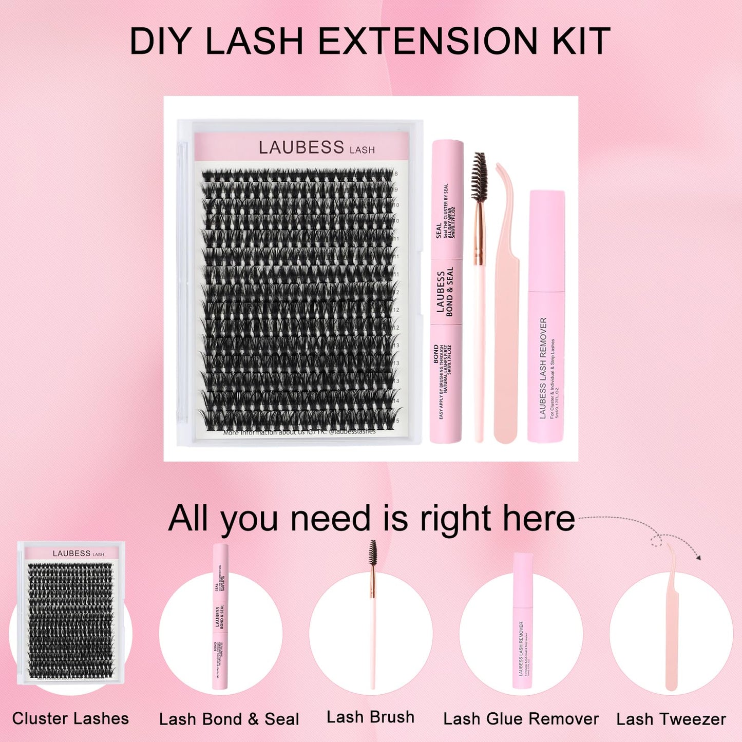 LAUBESS LASH Eyelash Extension Kit 50D 300 Pcs – DIY Cluster Lashes + Bond & Seal