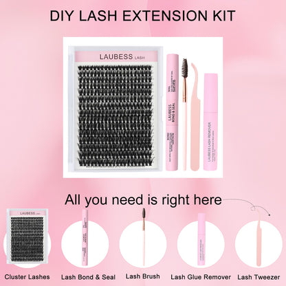 LAUBESS LASH Eyelash Extension Kit 50D 300 Pcs – DIY Cluster Lashes + Bond & Seal