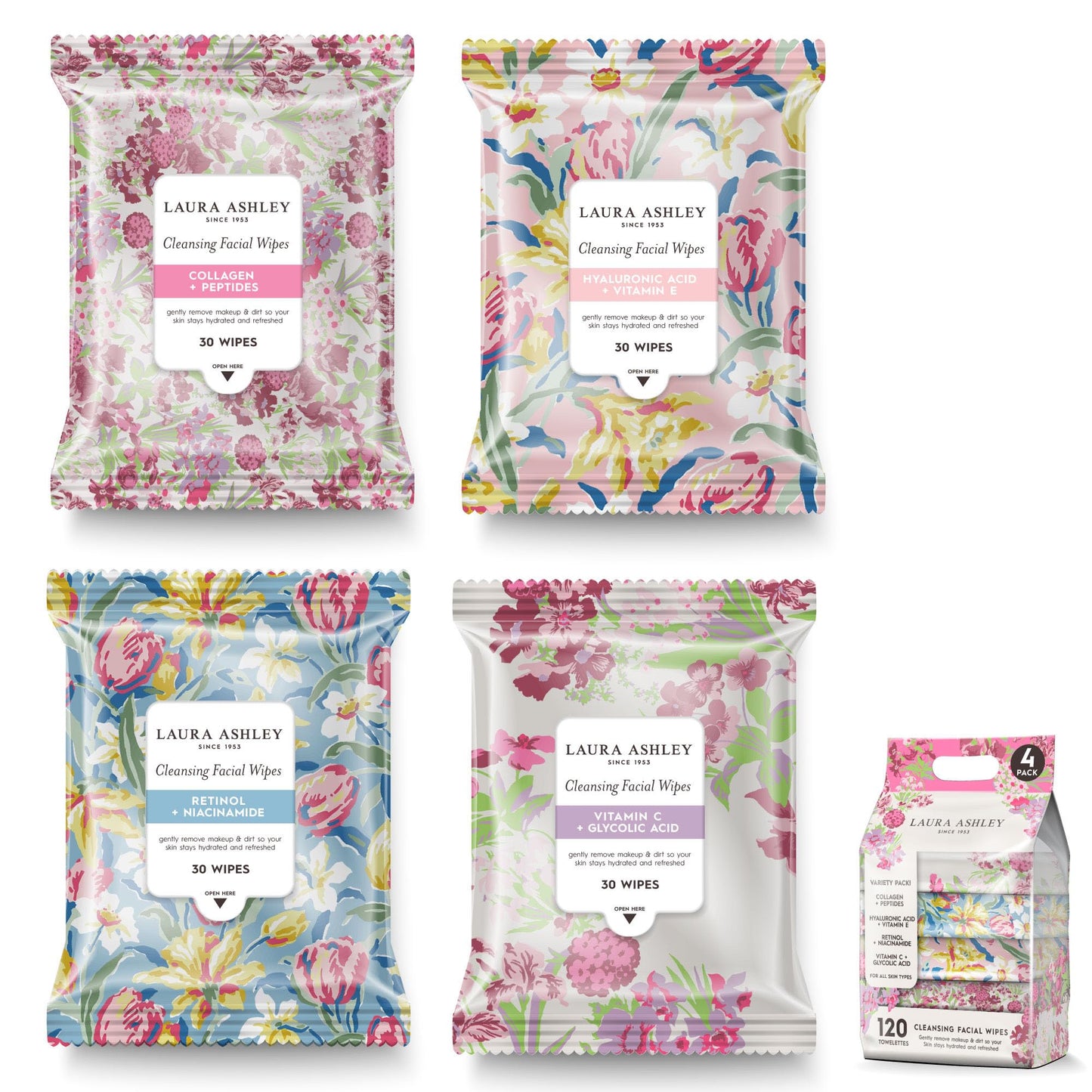 Laura Ashley 4-Pack Face Wipes for Women – Makeup Remover, Vitamin C, Retinol, Hyaluronic Acid | 120 Wipes