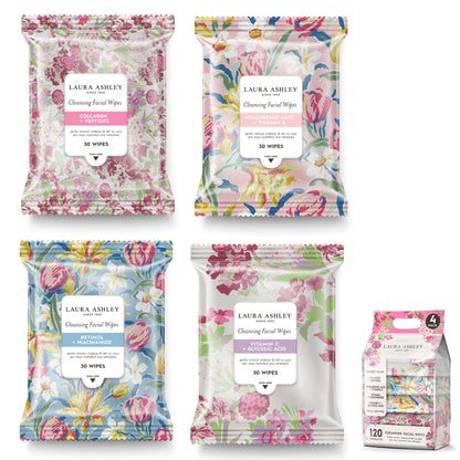 Laura Ashley 4-Pack Face Wipes for Women – Makeup Remover, Vitamin C, Retinol, Hyaluronic Acid | 120 Wipes