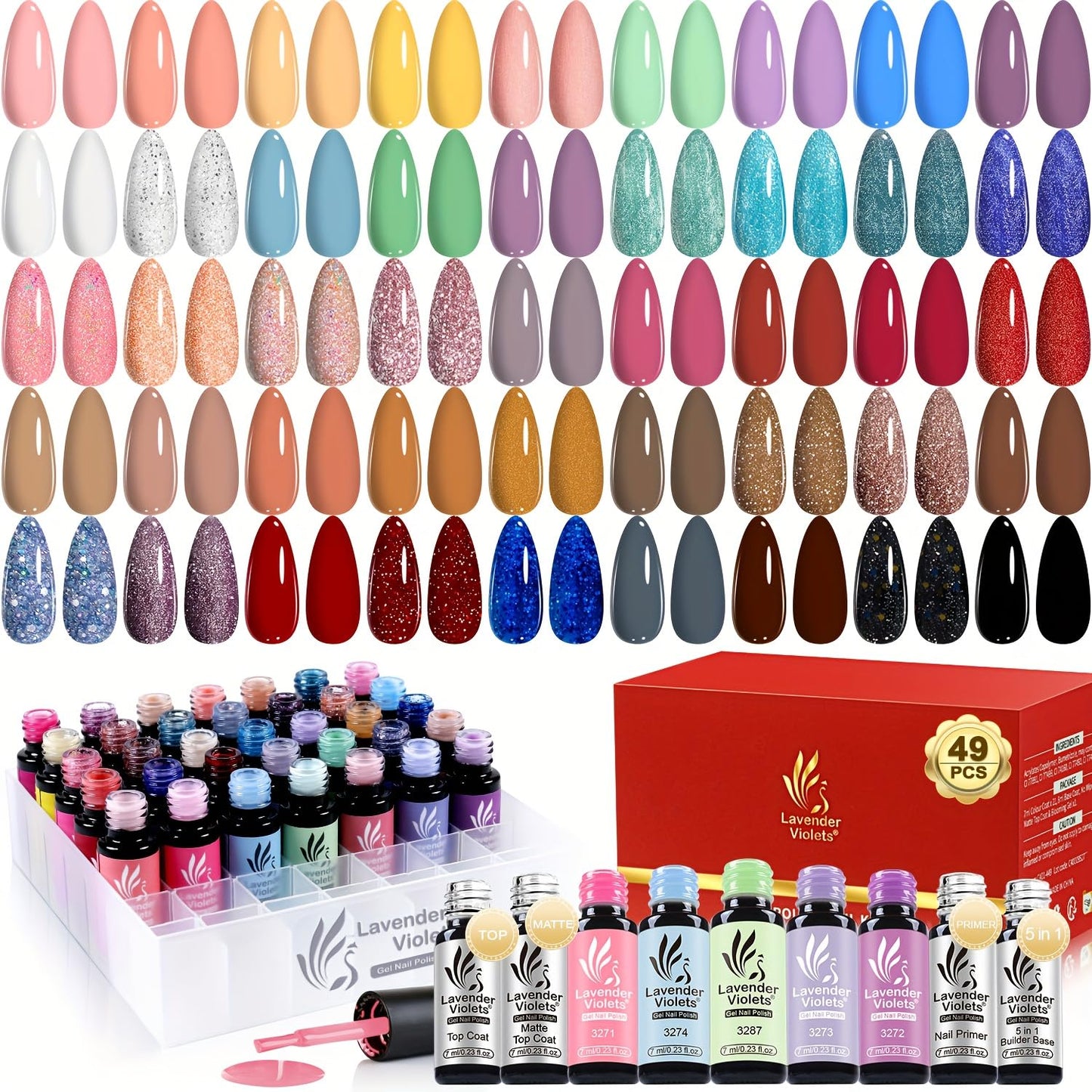Lavender Violets 49 Pcs Gel Nail Polish Set | 45 Colors, Glossy & Matte Top Coats, UV/LED Ready A907