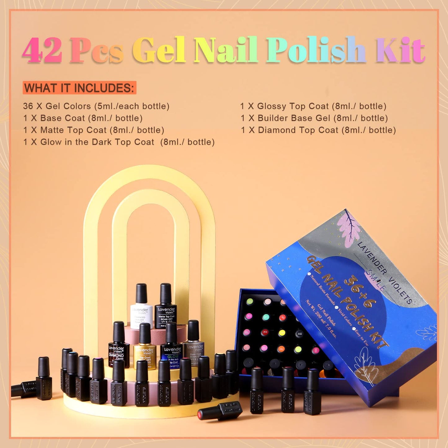 Lavender Violets 42-Piece Gel Nail Polish Set – 36 Colors + 6 Base/Top Coats, Glow in the Dark & Diamond Shine