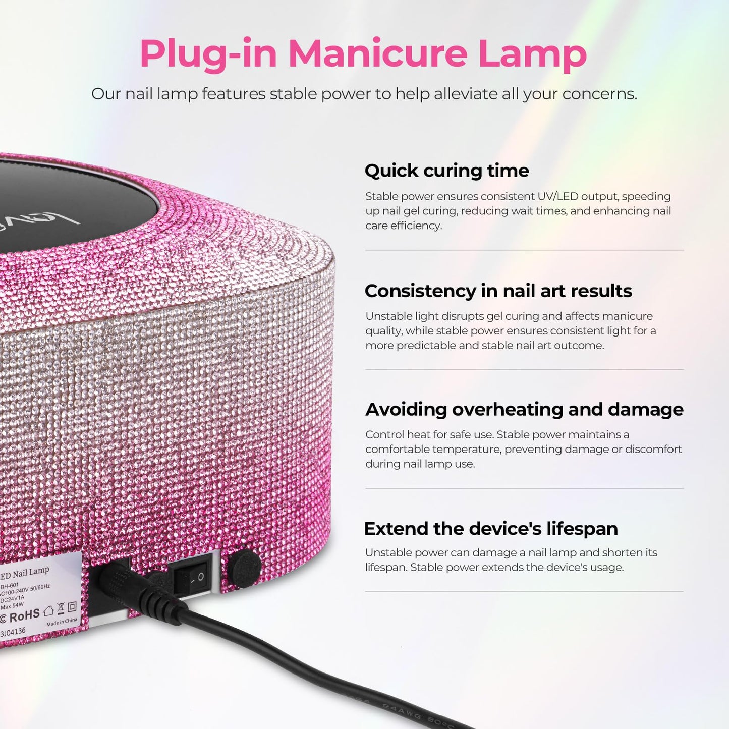 Lavinda UV Nail Lamp 54W – Dual-Wavelength Gel Curing with Rhinestones (Gradient Pink)