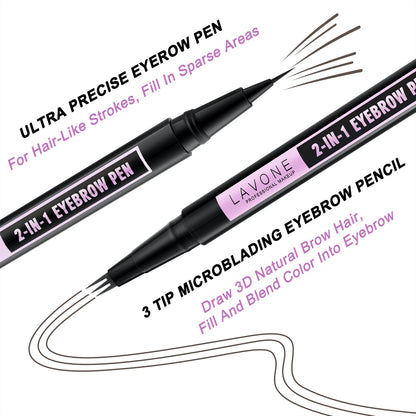 LAVONE Eyebrow Pencil 2-in-1 | Waterproof Microblade Pen, 3-Tip for Natural Brows – Medium Brown