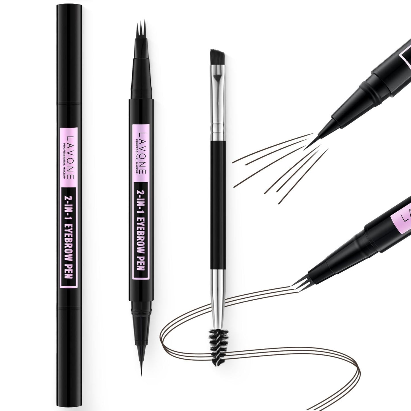 LAVONE 2-in-1 Eyebrow Pen – Waterproof, 3-Tip Microblading, Ultra-Precise Brow Pencil in Ebony with Dual Brush