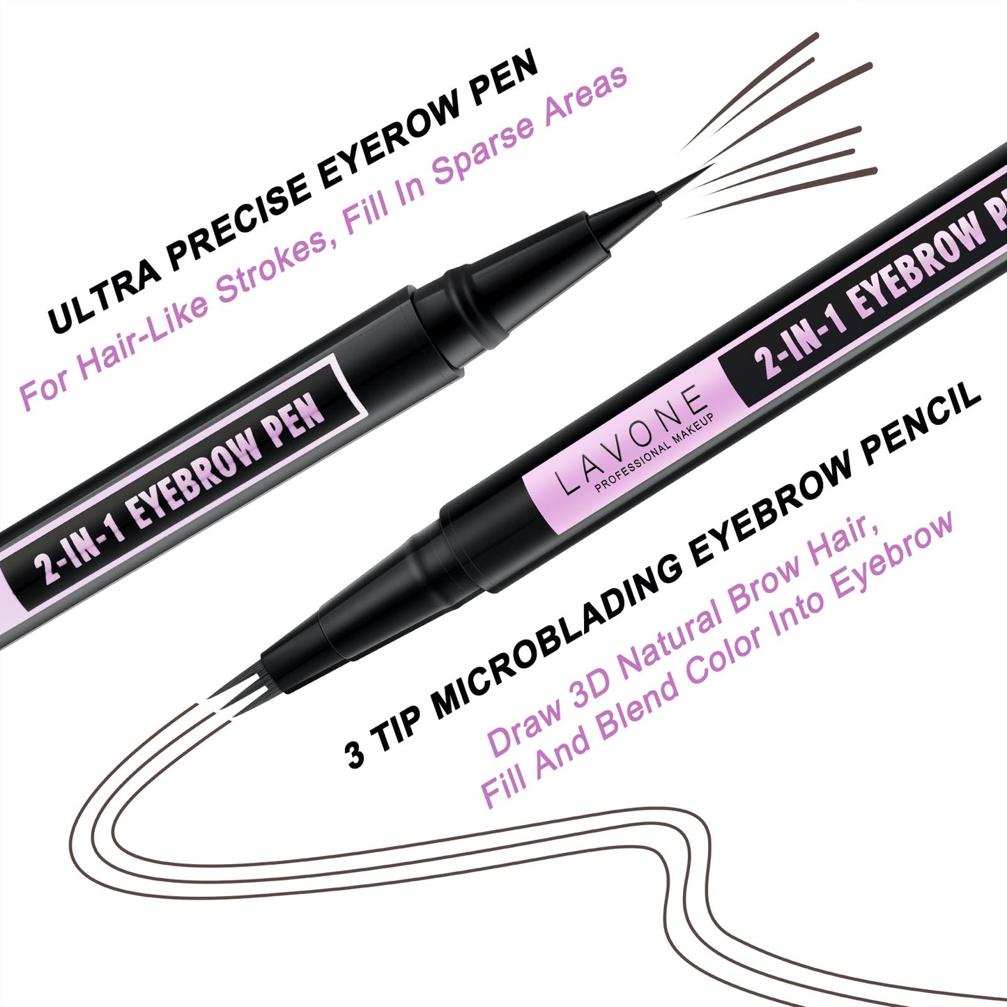 LAVONE Eyebrow Pencil 2-In-1 Waterproof Pen | 3-Tip Microblade for Natural, Fuller Brows – Dark Coffee