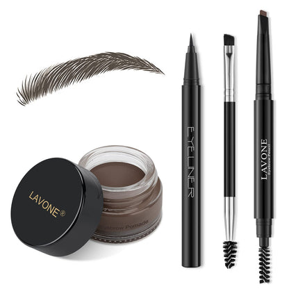 LAVONE Eyebrow Stamp Kit - Waterproof Brow Pencil, Eyeliner, Pomade & Dual Brush (Black Brown)