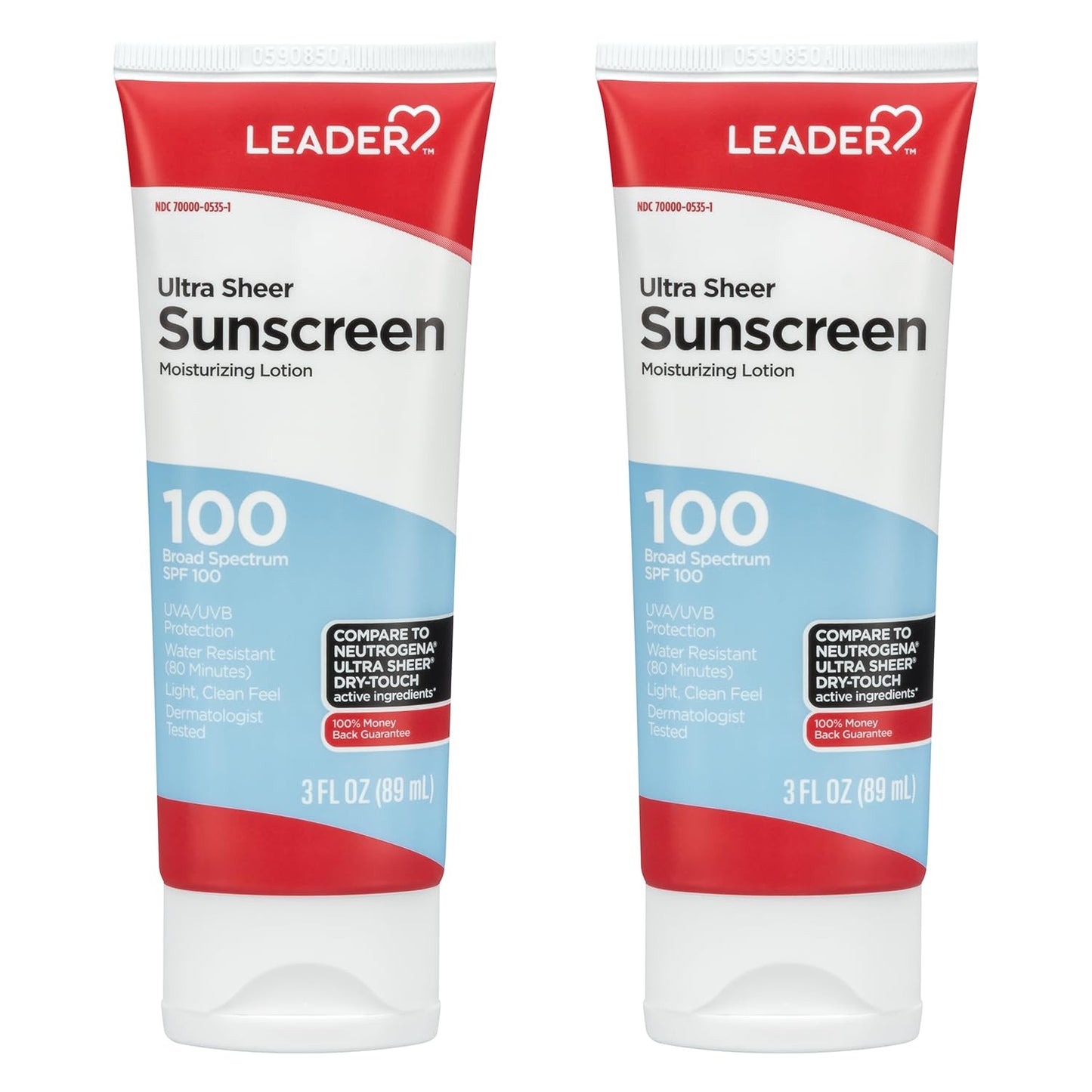 LEADER Travel Sunscreen SPF 100+ | Ultra Sheer Dry-Touch, Water-Resistant, Non-Greasy Lotion - 3 Oz (2 Pack)
