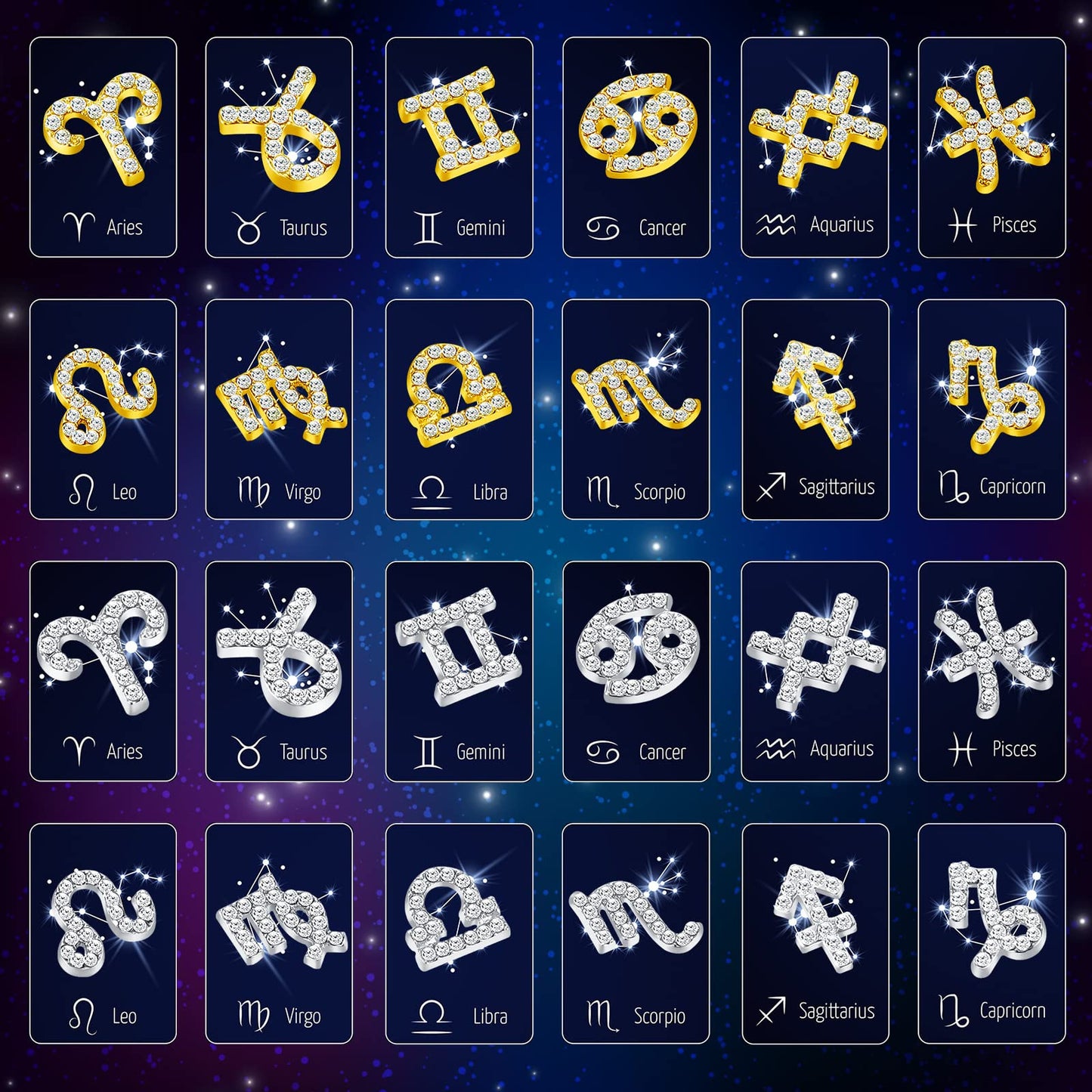 Leelosp 48 Pcs Zodiac Sign Nail Charms – 3D Rhinestone Jewelry for Nails & DIY Crafts (Gold & Silver)