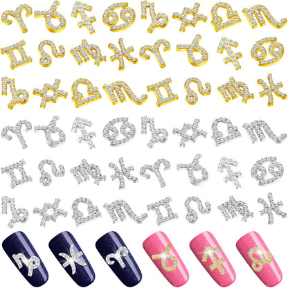 Leelosp 48 Pcs Zodiac Sign Nail Charms – 3D Rhinestone Jewelry for Nails & DIY Crafts (Gold & Silver)