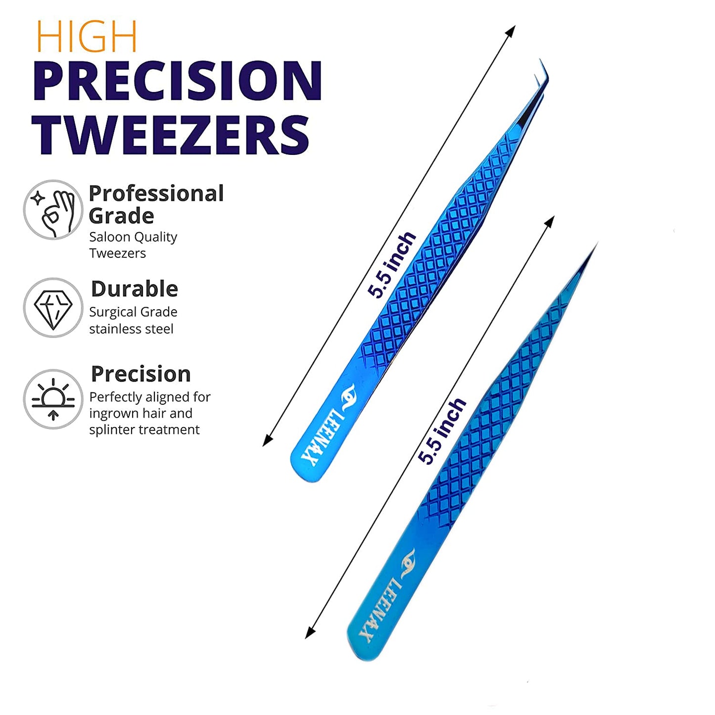 Leenax Eyelash Extension Tweezers Set – 2-Piece Straight & Curved with Diamond Grip, Blue, 14cm