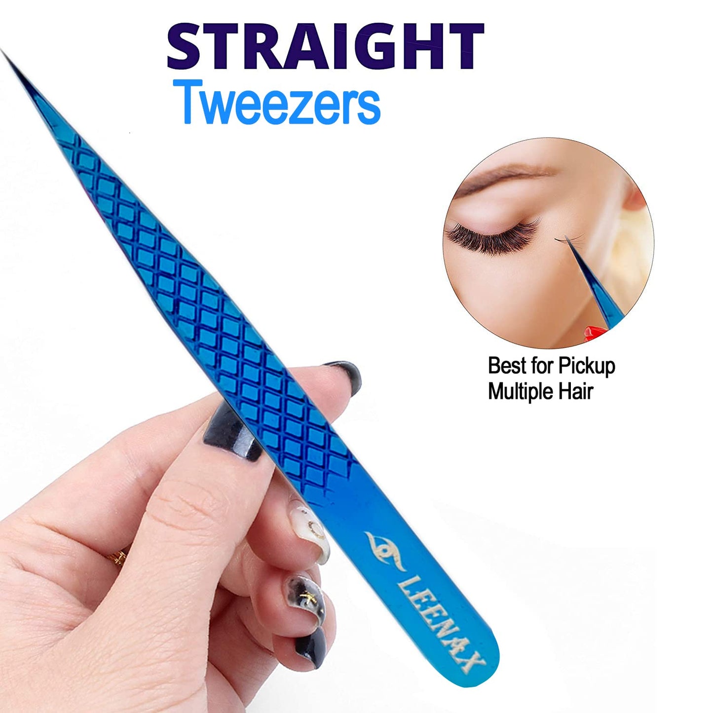 Leenax Eyelash Extension Tweezers Set – 2-Piece Straight & Curved with Diamond Grip, Blue, 14cm