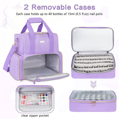 LEFOR·Z Nail Polish Organizer – 80 Bottles, Nail Lamp, 2 Removable Bags, Portable Purple