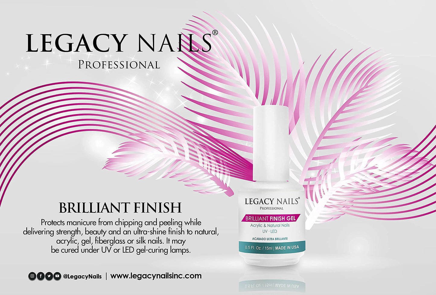 Legacy Nails BRILLANT FINISH GEL Top Coat 0.5oz — High-Gloss, Chip-Resistant, Quick-Curing