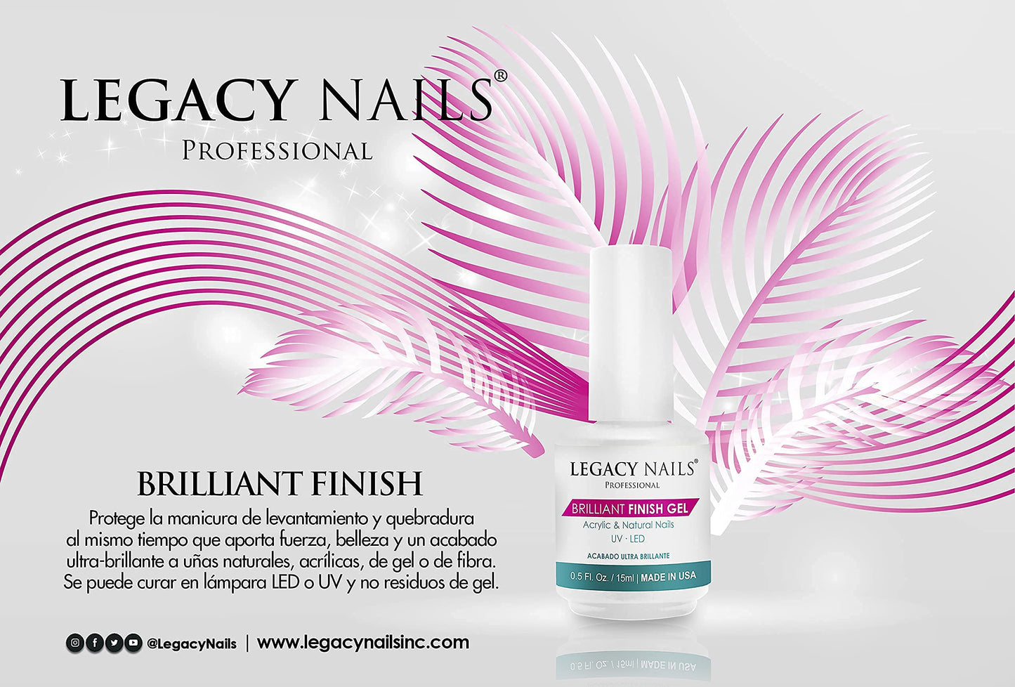 Legacy Nails BRILLANT FINISH GEL Top Coat 0.5oz — High-Gloss, Chip-Resistant, Quick-Curing