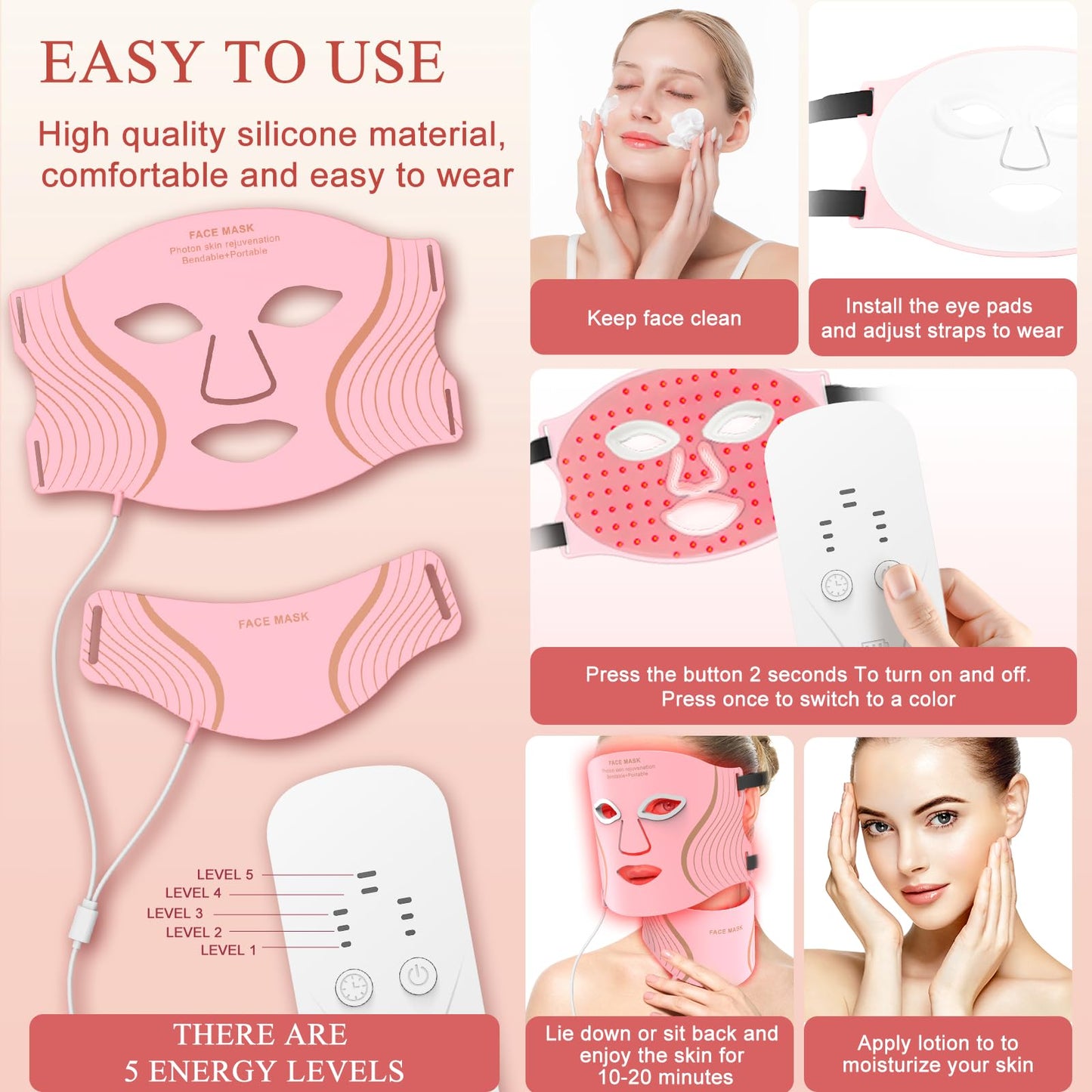 LEKKSA Red Light Therapy Mask for Face & Neck – 309 LEDs, 7 Modes, Rechargeable