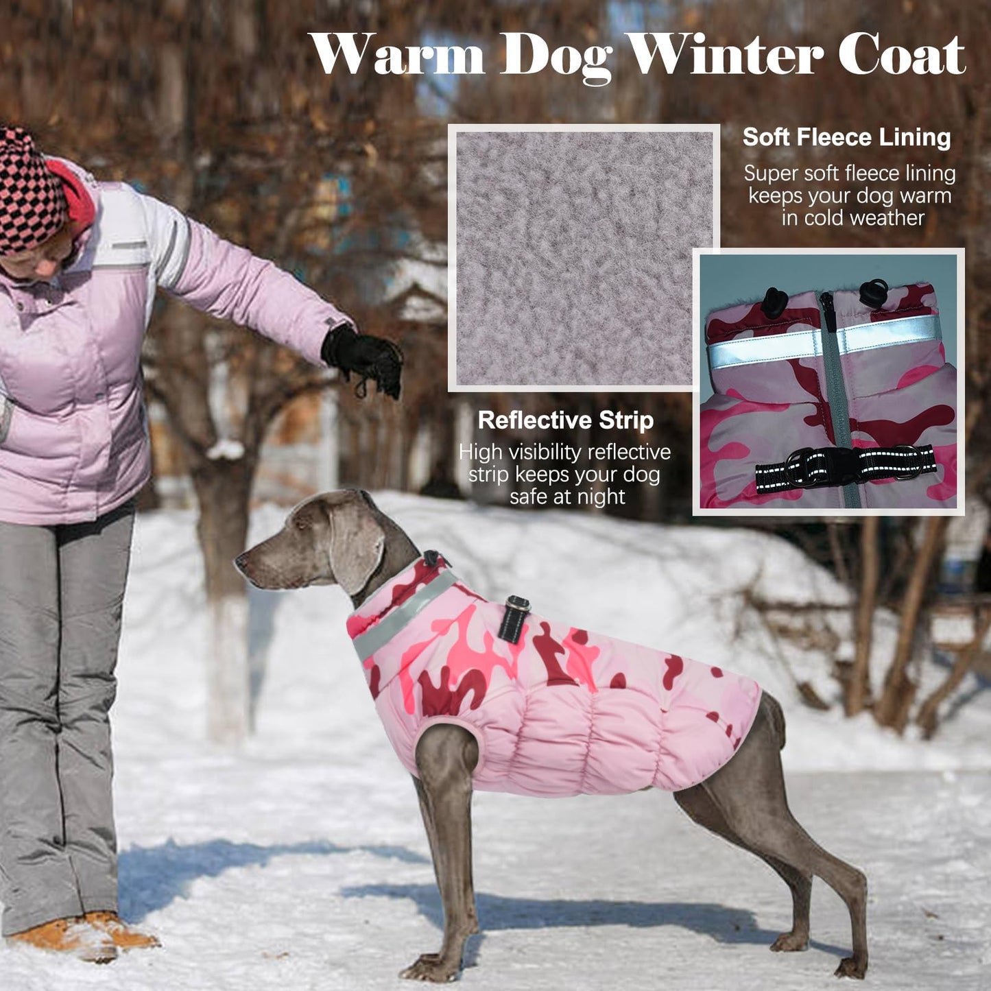 LeLePet Warm Dog Winter Coat for Large Dogs — Waterproof, Harness Built-In, Reflective, Windproof, Pink Camo XXL