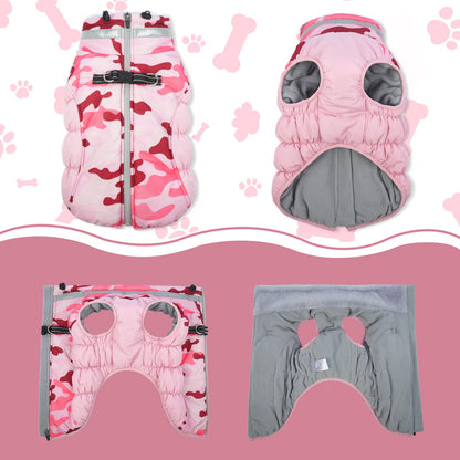 LeLePet Warm Dog Winter Coat for Large Dogs — Waterproof, Harness Built-In, Reflective, Windproof, Pink Camo XXL