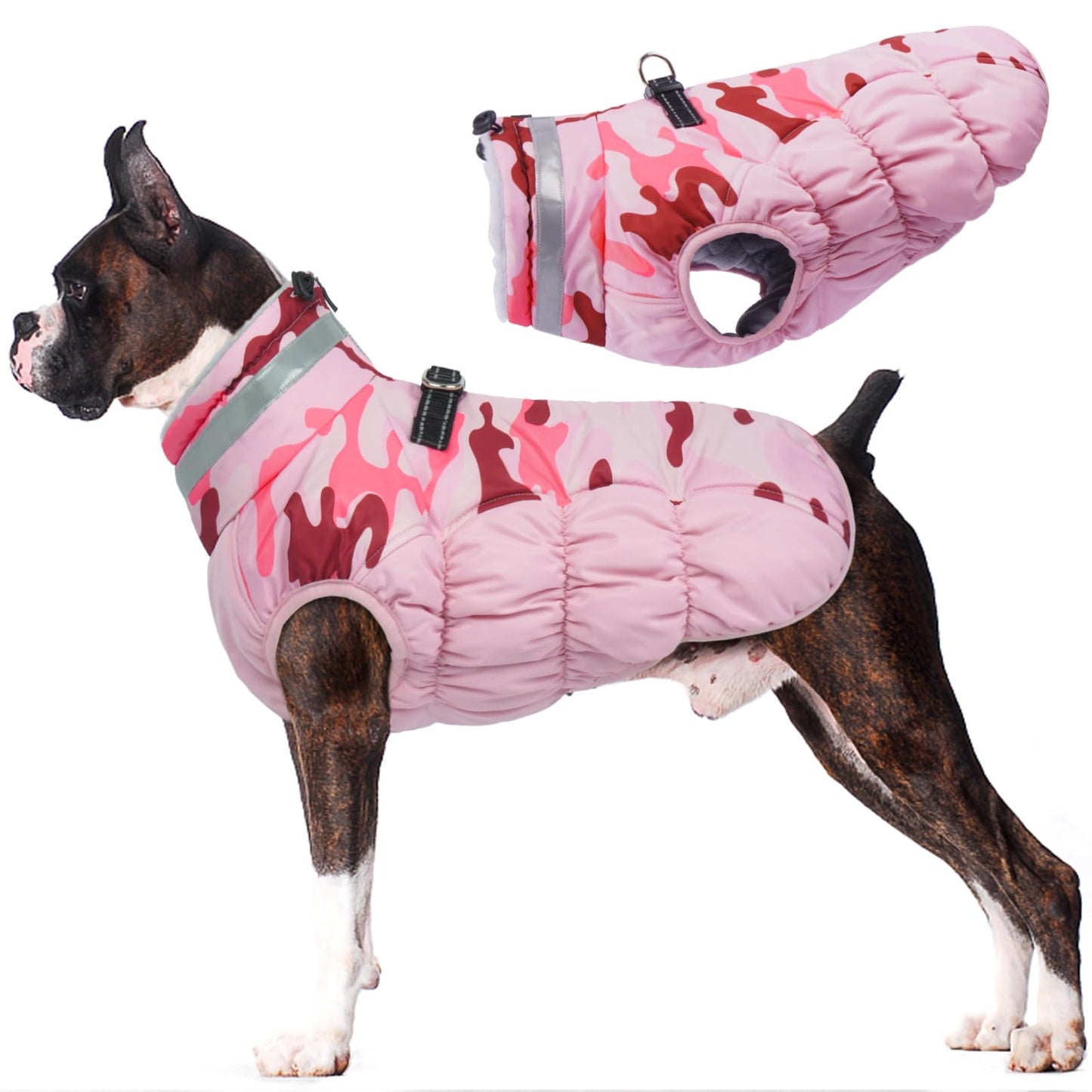 LeLePet Warm Dog Winter Coat for Large Dogs — Waterproof, Harness Built-In, Reflective, Windproof, Pink Camo XXL