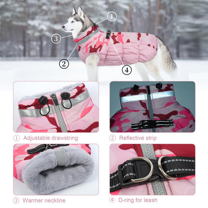 LeLePet Warm Dog Winter Coat for Large Dogs — Waterproof, Harness Built-In, Reflective, Windproof, Pink Camo XXL