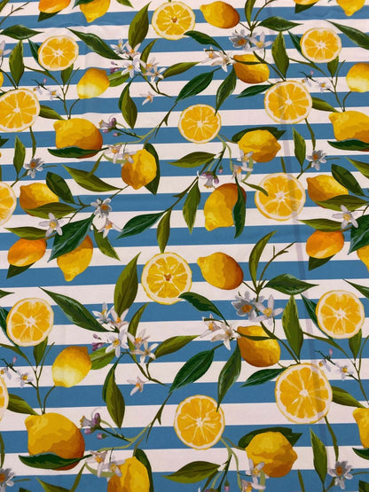 Lemon and Floral Print Fabric on Blue White Stripes Sold by Metre