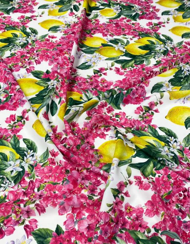 Lemon  Pink Floral Fabric Sold by Metre