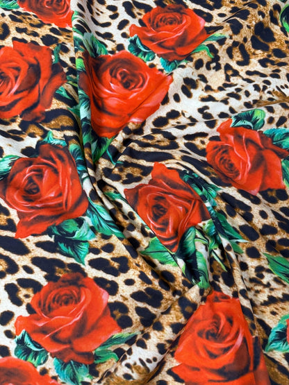 Leopard and Red Rose Pattern Fabric Sold by Metre