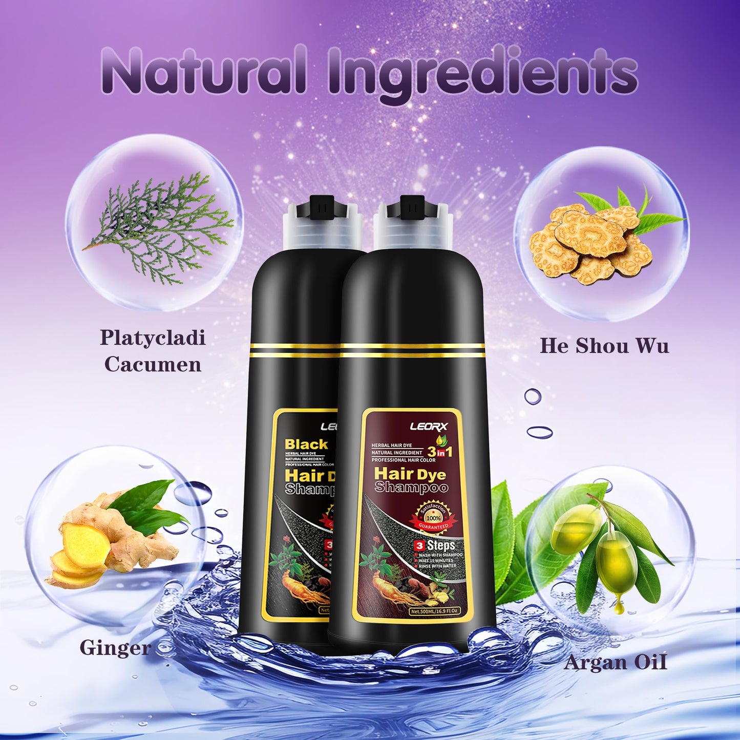 Leorx 3 In 1 Brown Hair Dye Shampoo - Even Color in 15–20 Minutes (16.9 oz)