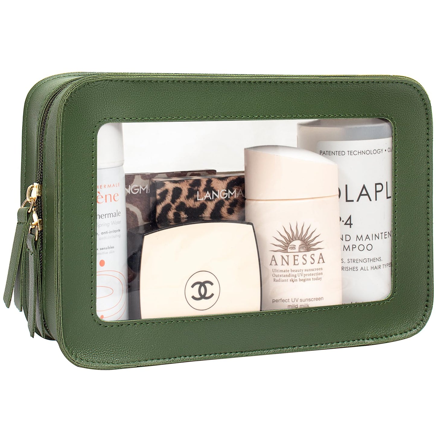 LETGO Clear Makeup Bag – TSA-Approved Travel Organizer, PU Saffiano Leather, Vintage Green