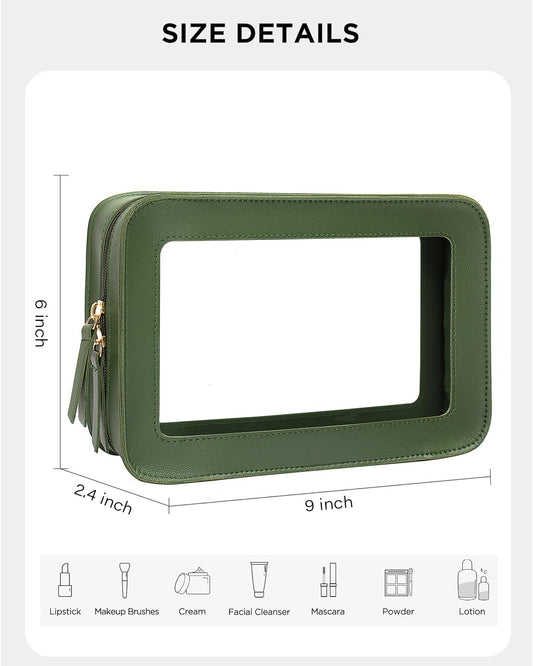 LETGO Clear Makeup Bag – TSA-Approved Travel Organizer, PU Saffiano Leather, Vintage Green
