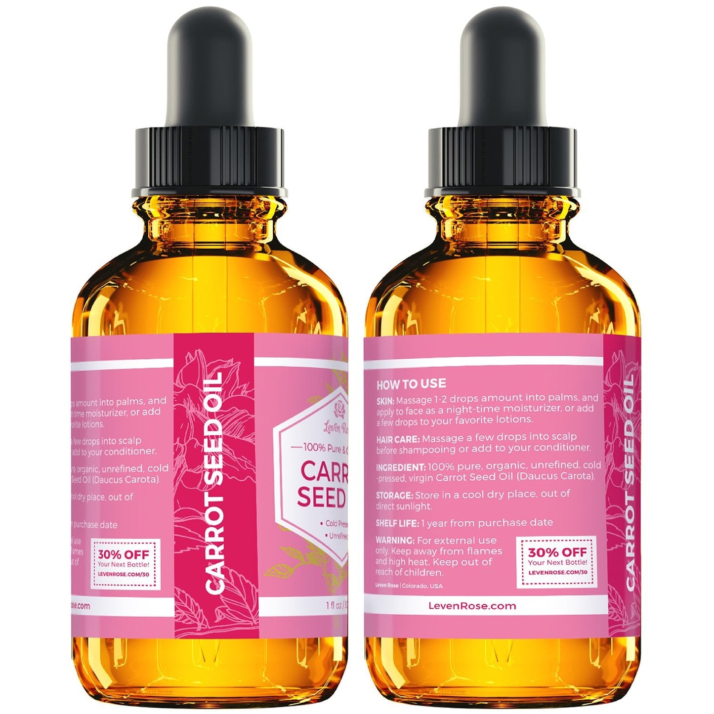Leven Rose Carrot Seed Oil – Pure Unrefined Cold-Pressed Moisturizer for Hair, Skin & Nails (1 oz)
