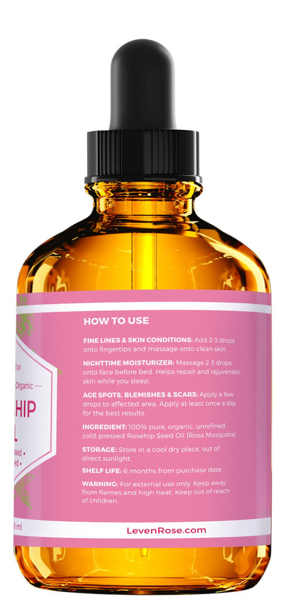 Leven Rose Rosehip Seed Oil for Face – 4 oz, Pure Unrefined Cold-Pressed Rosehip Oil for Skin, Hair & Nails