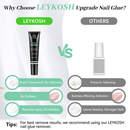 LEYKOSH Nail Glue for Press-Ons – 10s Dry Time, No Light Needed, 28+ Days Hold | 20g Total