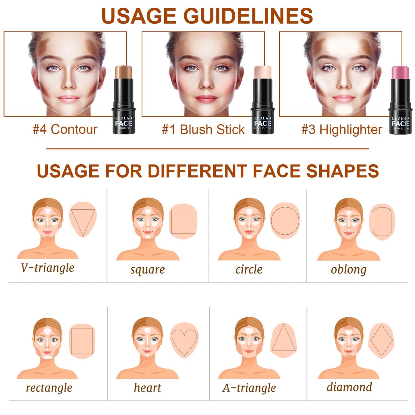 Lezero 3Pcs Contour Stick Kit in Light Fair | Highlighter, Blush & Bronzer