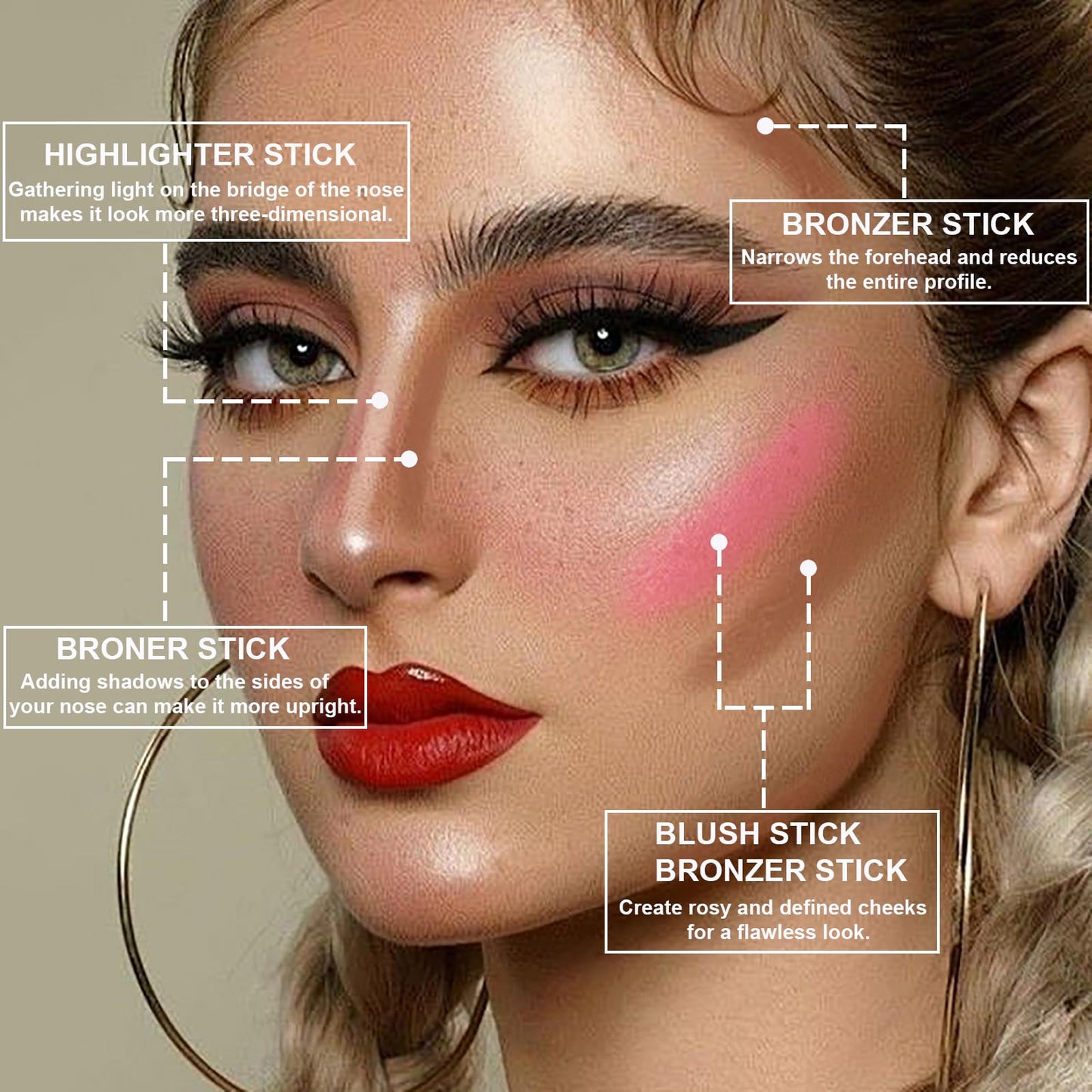 Lezero 3-Piece Contour Stick Kit (Medium) – Highlighter, Blush & Bronzer for Sculpted, Dewy to Matte Finish