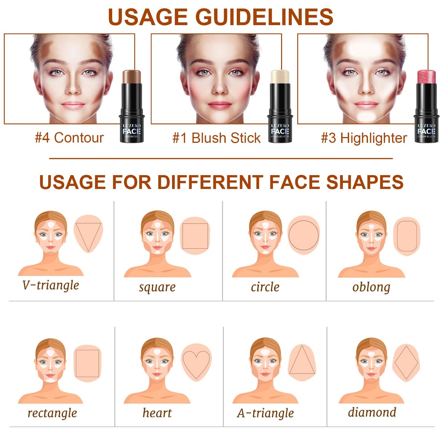 Lezero 3Pcs Contour Stick Kit – Light Shades with Highlighter, Blush & Bronzer