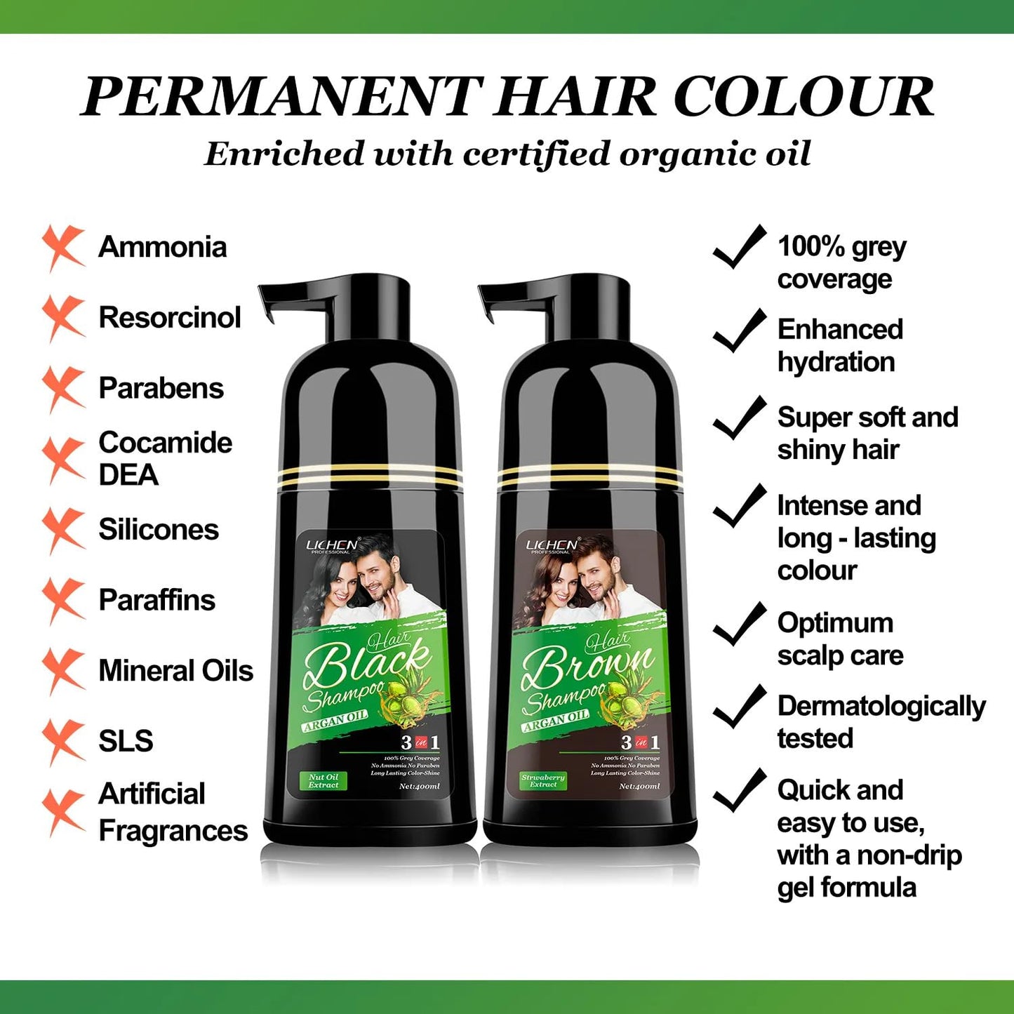 Lichen Professional Hair Dye Shampoo – 3-in-1 Herbal Color for 100% Grey Coverage – Ammonia-Free, 400ml (Black)
