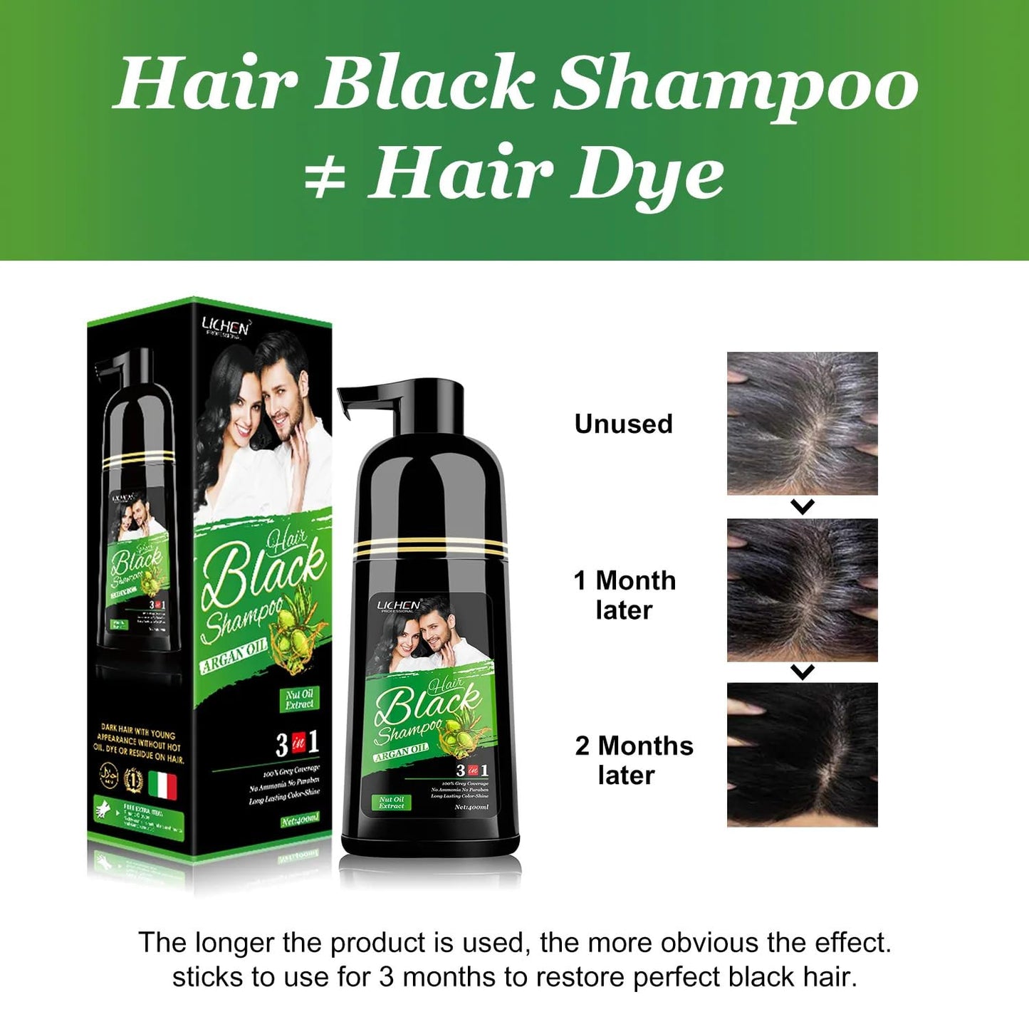 Lichen Professional Hair Dye Shampoo – 3-in-1 Herbal Color for 100% Grey Coverage – Ammonia-Free, 400ml (Black)