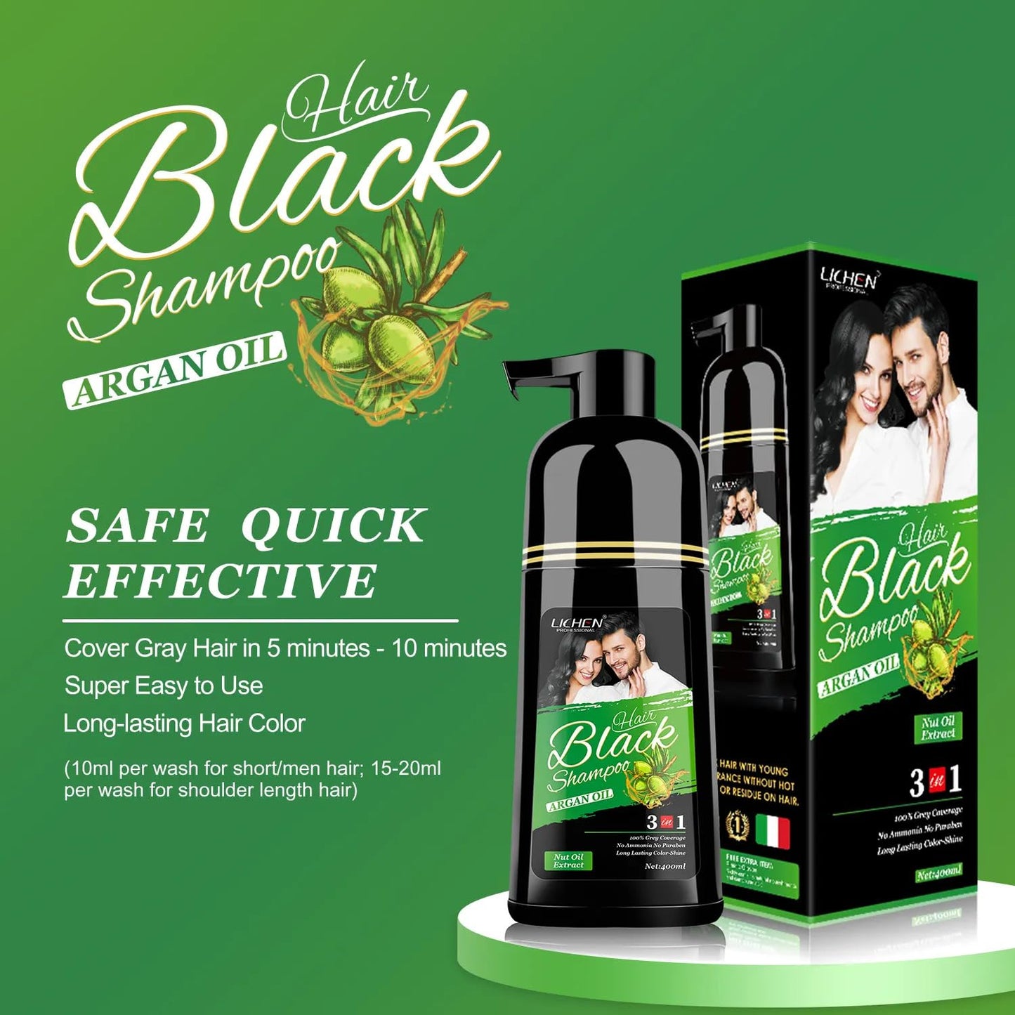 Lichen Professional Hair Dye Shampoo – 3-in-1 Herbal Color for 100% Grey Coverage – Ammonia-Free, 400ml (Black)