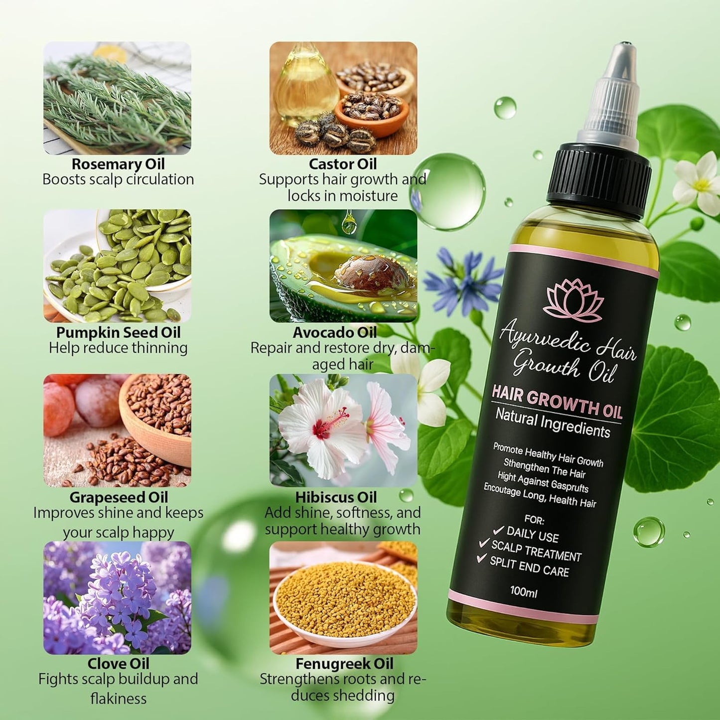 Lifewitqueenp Hair Growth Oil – Ayurvedic Scalp Oil for All Hair Types, Lightweight Herbal Formula